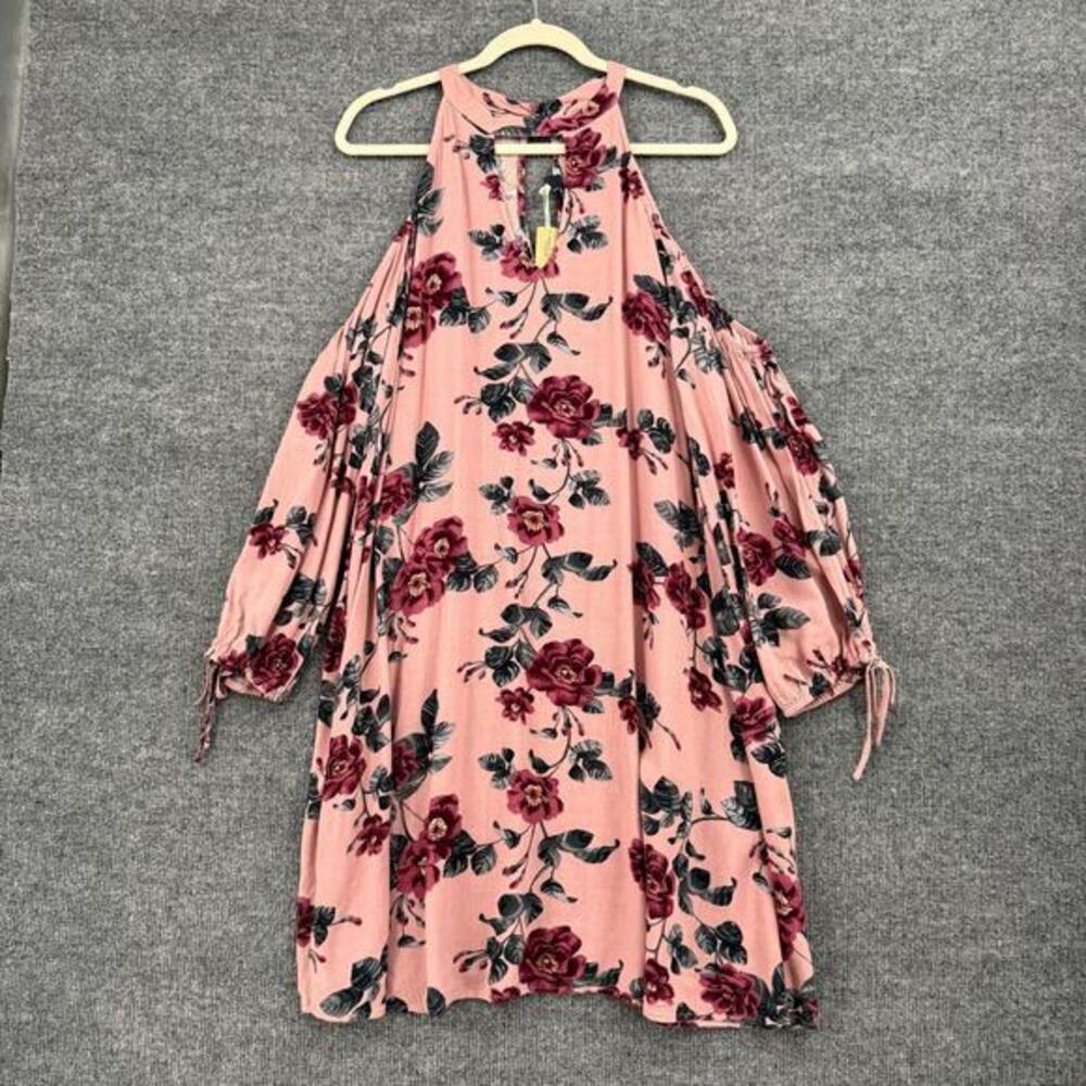 American Womens Boho Fairy Floral Cold Shoulder Shift Dress Sz XL Pink Coquette